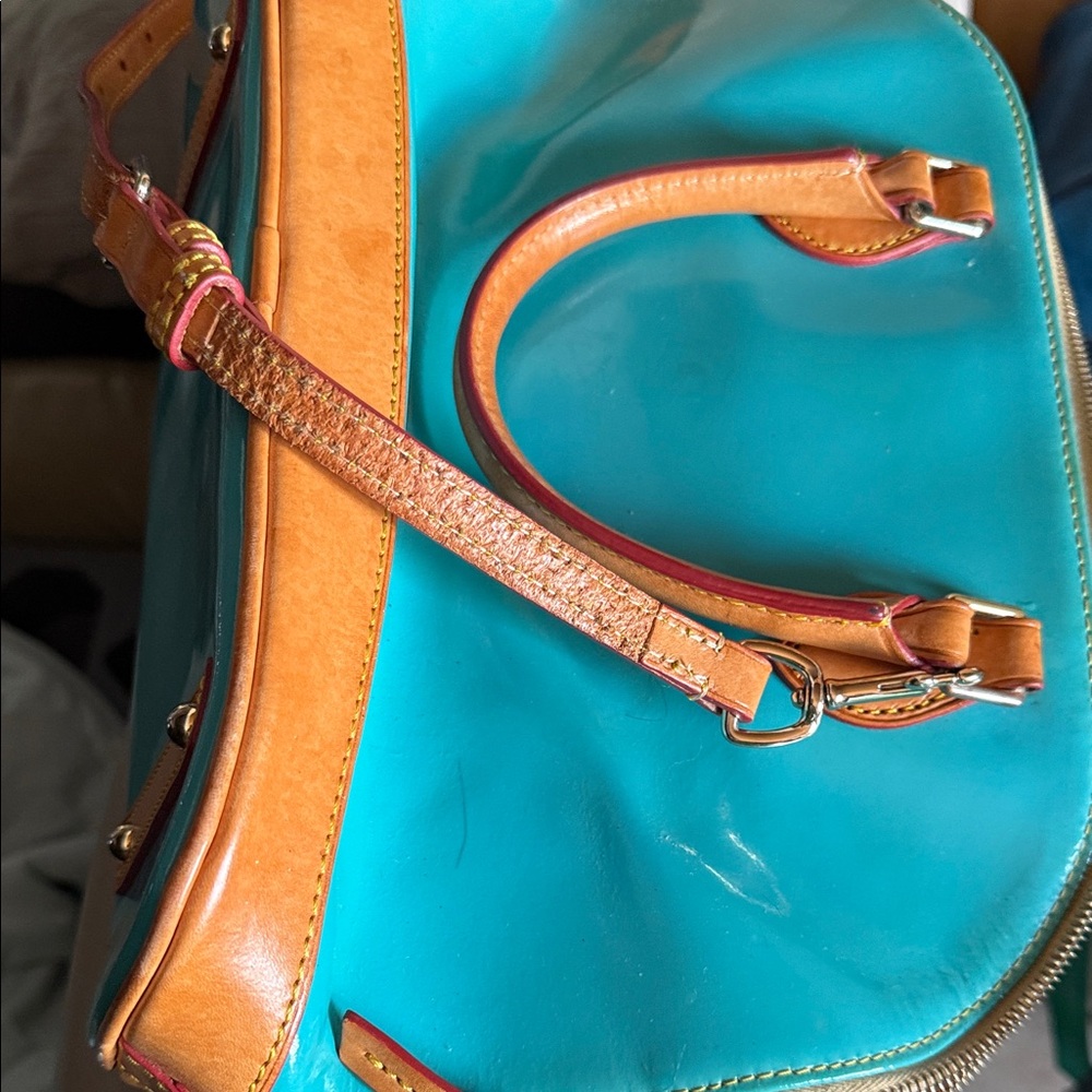 Dooney & Bourke Teal Patent Satchel with Tan Trim - Picture 5 of 6